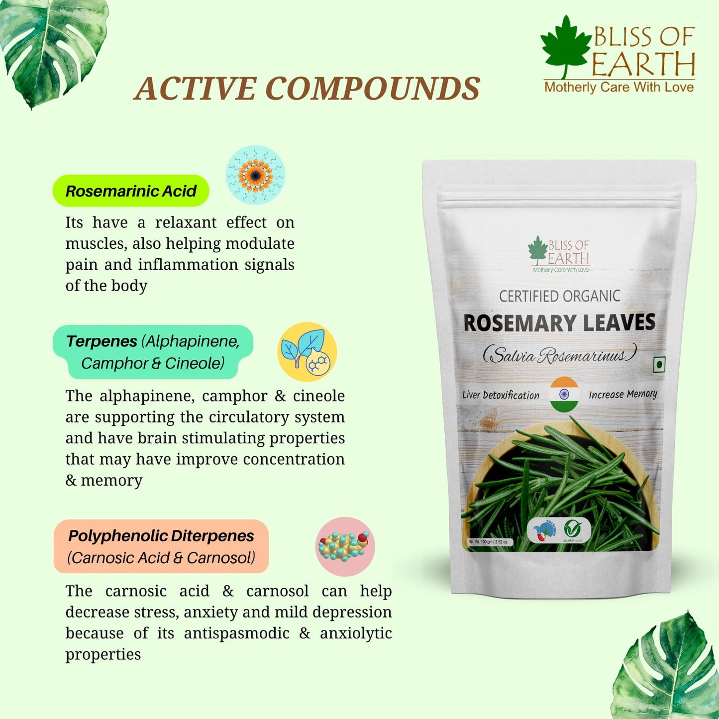 Bliss of Earth Dried Rosemary Leaves Certified Organic Rosmarinus Officinalis Great for Tea, Cooking, Hair & Memory 50GM