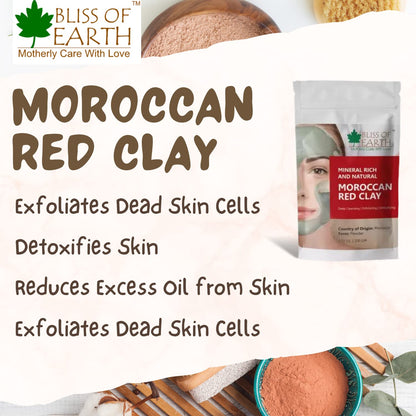 Bliss of Earth Original Moroccan Red Clay Powder | 100GM | Natural Facial Mask & Skin Care Treatment | Anti-Ageing | Heals Dry & Oily Skin | Detoxifying & Rejuvenating |