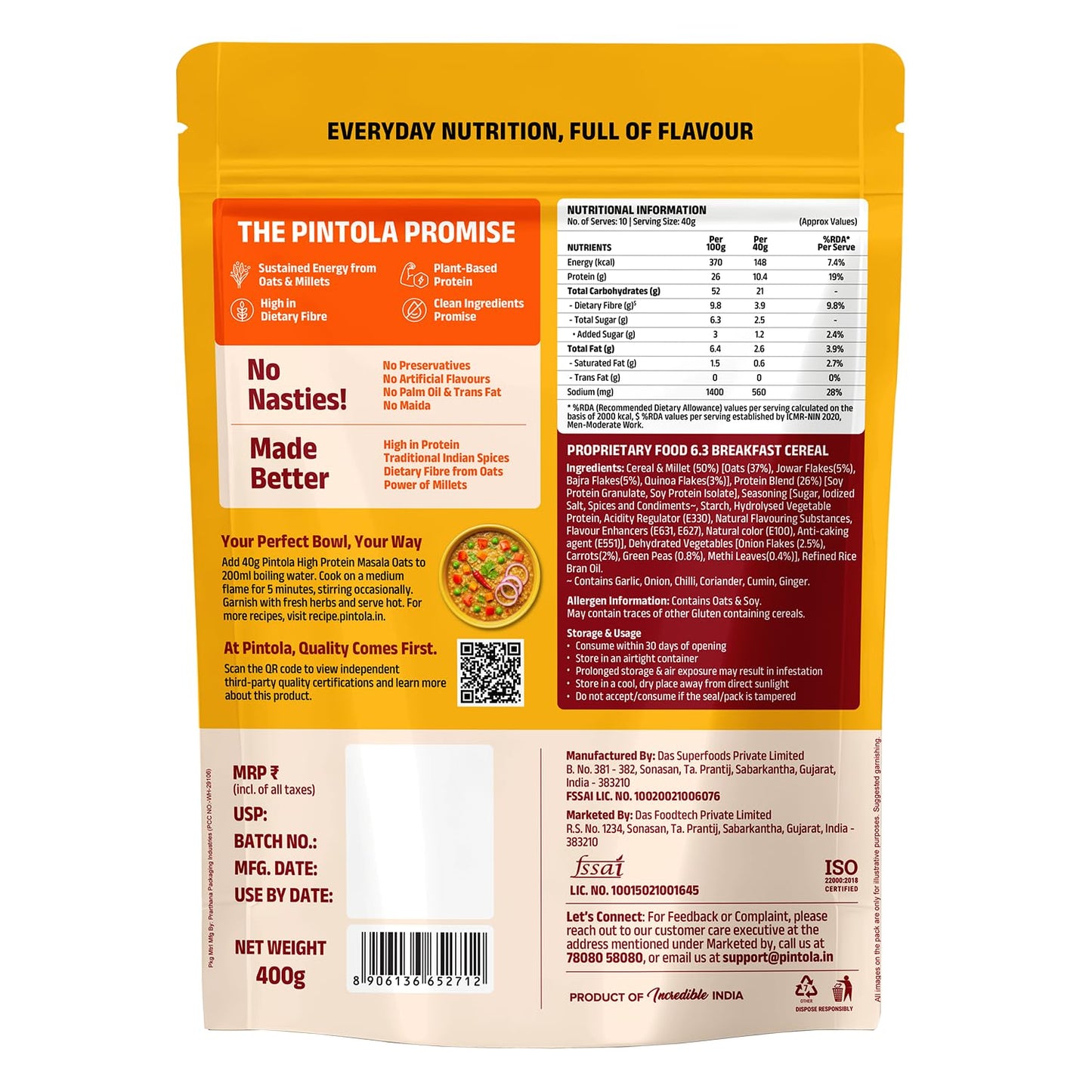 Pintola 26g High Protein Masala Oats, Magic Masala, Breakfast Cereal with High Fiber & Veggies, No Palm Oil, No Preservatives, 5 min Healthy Snack, Helps Manage Weight, Gym Endurance & Gut Friendly