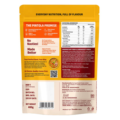 Pintola 26g High Protein Masala Oats, Magic Masala, Breakfast Cereal with High Fiber & Veggies, No Palm Oil, No Preservatives, 5 min Healthy Snack, Helps Manage Weight, Gym Endurance & Gut Friendly