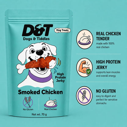 Dogs & Tiddles Smoked Chicken Jerky Dog Treats for Puppies & Adult Dogs, 70g | Soft & Chewy High-Protein Dog Snacks | Grain-Free Training Treats| Easily Digestible and Healthy