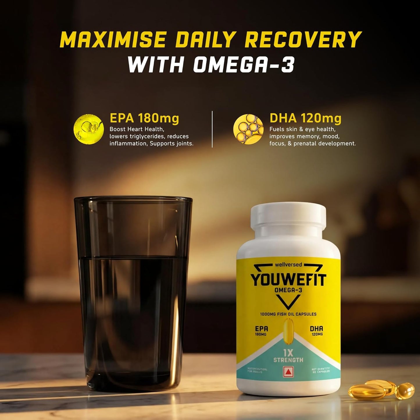 YouWeFit Daily Strength Omega 3 Fish Oil Capsules - 60 Soft Gels With 180mg EPA & 120mg DHA To Supports Heart & Joint Health | Omega 3 Supplement 1000mg
