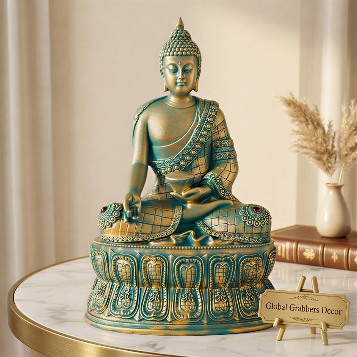 Buddha Statue Showpiece Idol Home Decor Items for Living Room and Gifts (Antique Golden Blue)