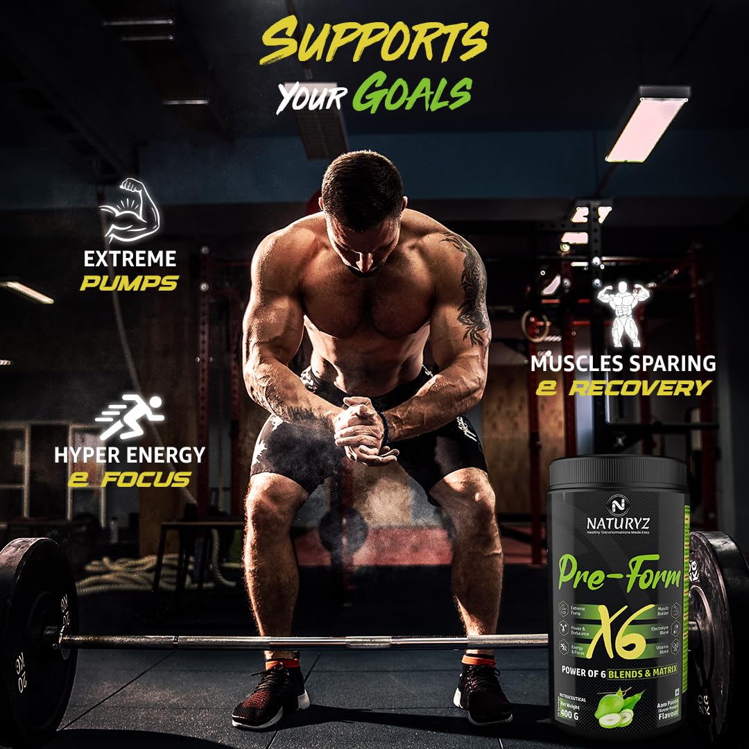 Muscular man lifting weights with a Naturev2 Pre-Form X6 supplement container in a gym setting.