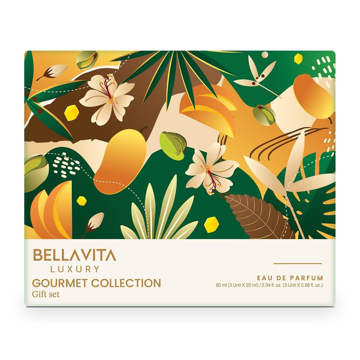Bellavita Luxury Gourmet Collection eau de parfum gift set packaging with tropical design