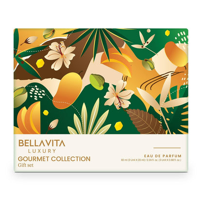 Bellavita Luxury Gourmet Collection eau de parfum gift set packaging with tropical design