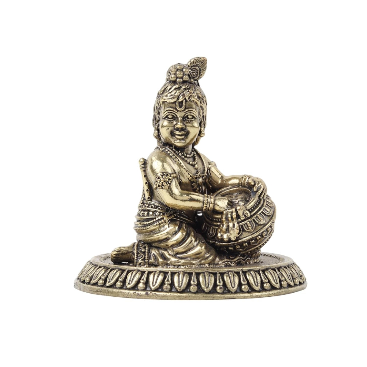 Laddu Gopal Ji Brass Idol | Makhan Chor Krishna Sculpture with Intricate Detailing | Bal Krishna Idol for Home Temple (Design01: L5 x W7.5 x H7 cm)