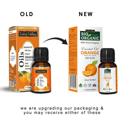 Comparison of old and new packaging for a bottle of essential oil with text indicating packaging upgrade.