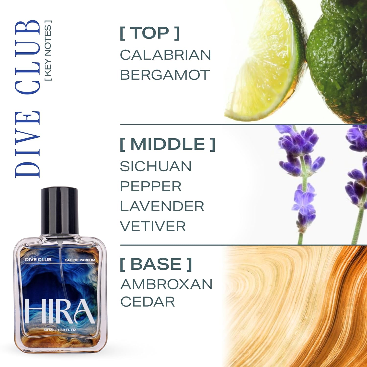 Dive Club Hira perfume bottle with fragrance notes and visual elements on a white background