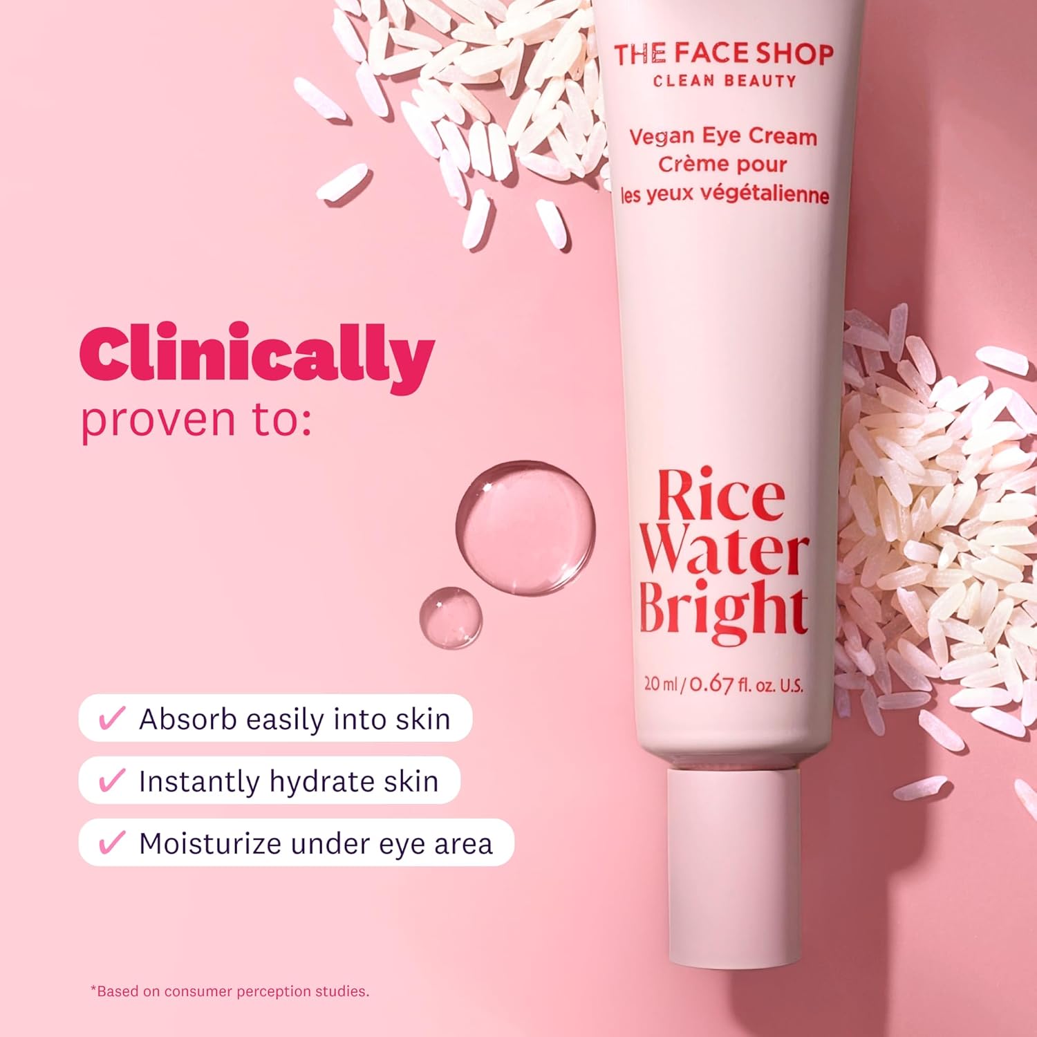 The Face Shop Rice Water Bright eye cream on a pink background with rice grains.