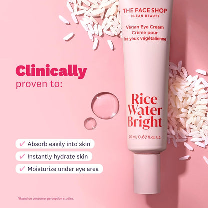 The Face Shop Rice Water Bright eye cream on a pink background with rice grains.