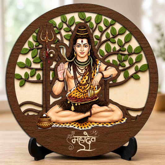 Plan To Gift Shiv Ji Wooden Idol with Stand for Home Temple, Puja Room, Office Desk & Indoor Mandir Decor - 5x5 Inch