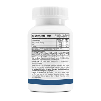 Trexgenics ZINC CARNOSINE Digestive & Gut Health, Ulcer Care, Immunity, Leaky Gut Support (60 Veg Capsules)