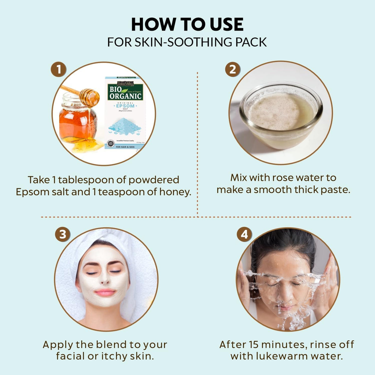 Step-by-step guide on how to use a skin-soothing pack with Epsom salt, honey, and rose water.