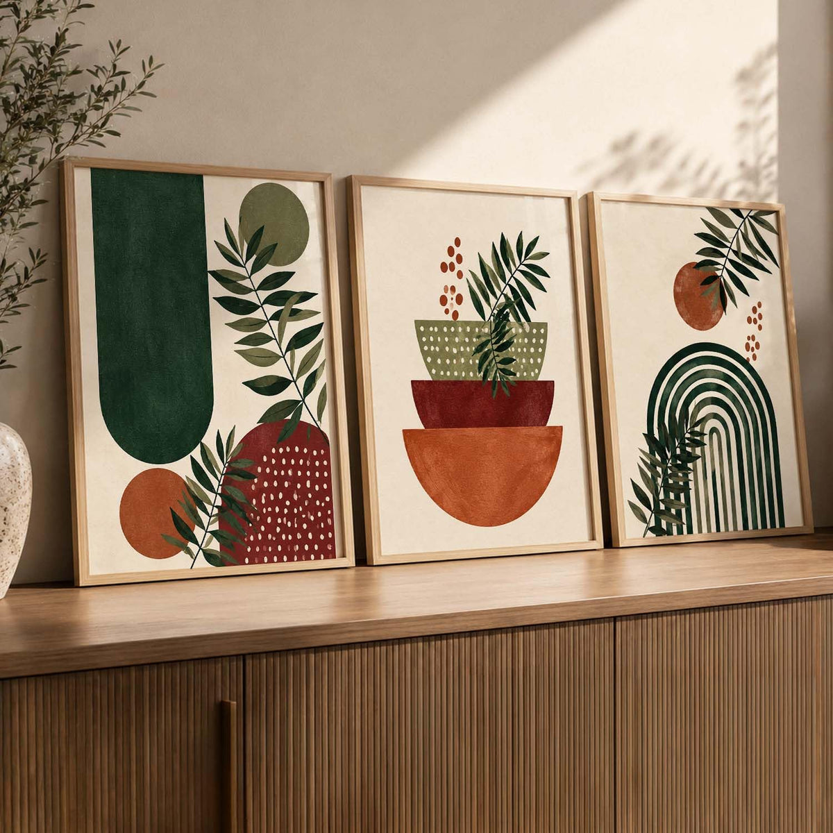 Aesthetic BOHO Wall Artwork | BOHO Paintings with Frame for Home Bedroom Living Room Hotel Interior Decor | Digital Reprint Set of 3 Modern | 13X17 Inch