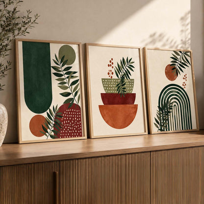 Aesthetic BOHO Wall Artwork | BOHO Paintings with Frame for Home Bedroom Living Room Hotel Interior Decor | Digital Reprint Set of 3 Modern | 13X17 Inch