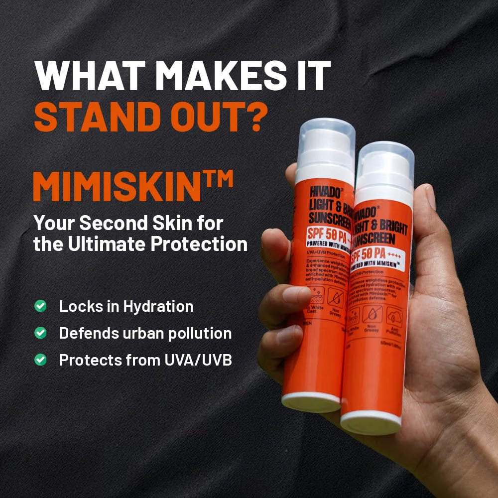 HIVADO Men’s Sunscreen Moisturiser SPF 50 PA++++ 50ml | No White Cast | Lightweight, Non-Greasy Hydrating & Brightening Formula | UVA + UVB Broad Spectrum Sun Protection | With Mimiskin™ | For All Skin Types