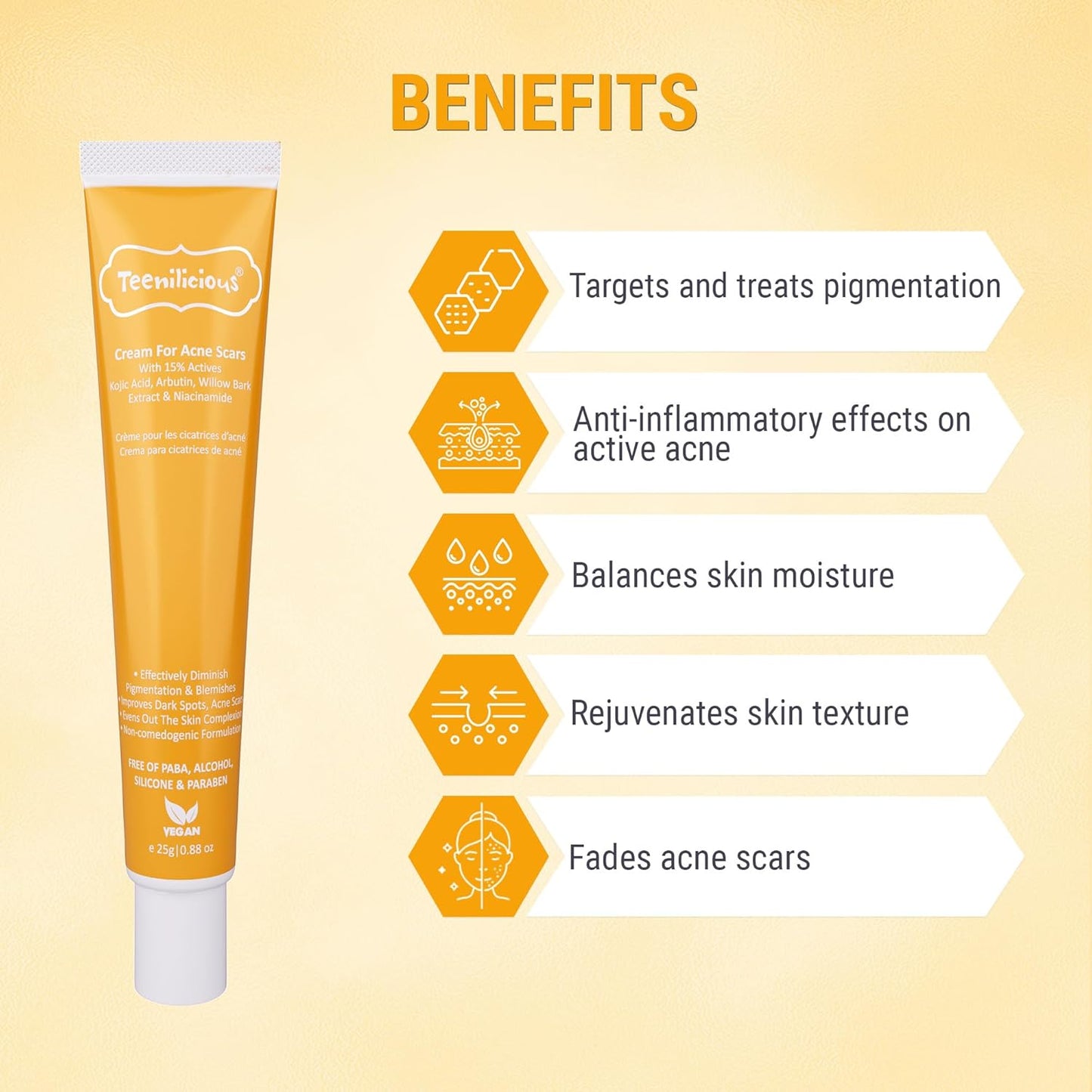 Teenilicious Scar Removal Cream for Acne Scars and Acne Pits | Scar Gel with Kojic Acid, Alpha Arbutin and Niacinamide | Fades Acne Scars, Treats Skin Pigmentation, Brightens Skin Tone | 25 GM