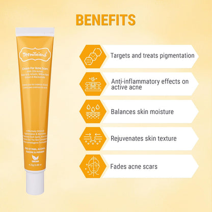 Teenilicious Scar Removal Cream for Acne Scars and Acne Pits | Scar Gel with Kojic Acid, Alpha Arbutin and Niacinamide | Fades Acne Scars, Treats Skin Pigmentation, Brightens Skin Tone | 25 GM