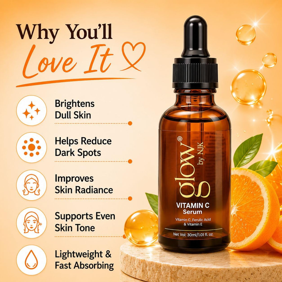 Glow by NJK Vitamin C Face Serum with Vitamin E for Glowing Skin 30ml, Vitamin E Care, Dark Spot Care, Uneven Tone Support, Radiant-Looking Skin, Lightweight Texture, Daily Skincare Routine
