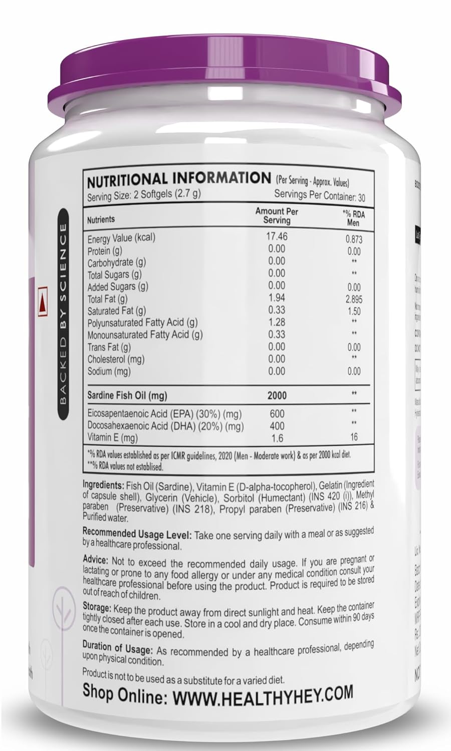 Nutritional information label on a supplement container with a purple lid.