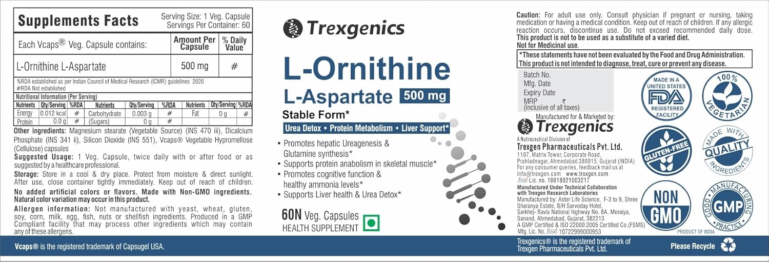 Supplement label for Trexegenics L-Orgothine L-Aspartate 500 mg with branding and certification logos.