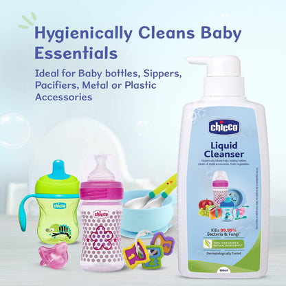 Chicco Liquid Cleanser 500ml I 100% Food Grade & Natural Ingredients I Kills 99.99% germs I Effective cleaning of baby Bottles, Nipples, Accessories and Toys I Baby Safe & Dermatologically Tested