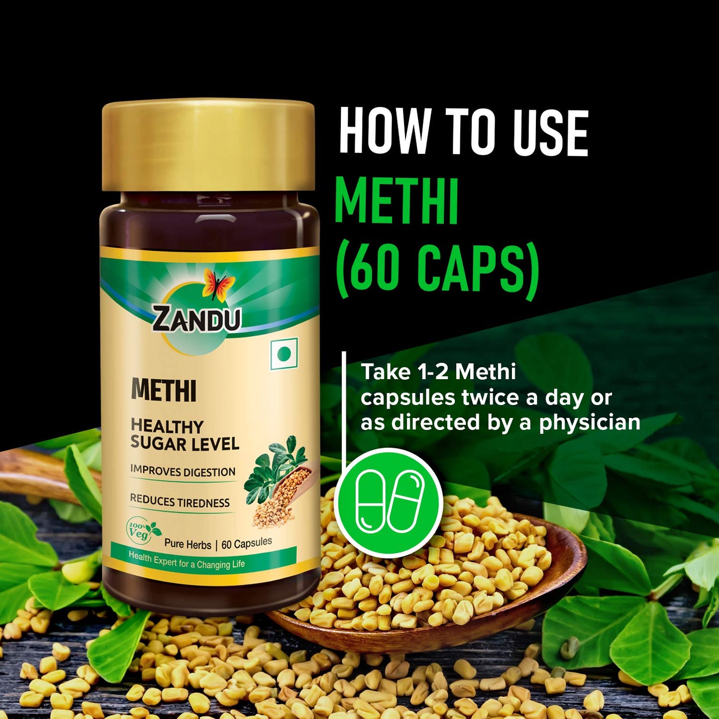 Zandu Methi Capsules (Fenugreek), Extracts of Methi known for High Content of Fibers and Antioxidants, Helps to Flush out Toxins from Body & Helps Maintain Healthy Sugar Levels - (60 Veg Capsules)