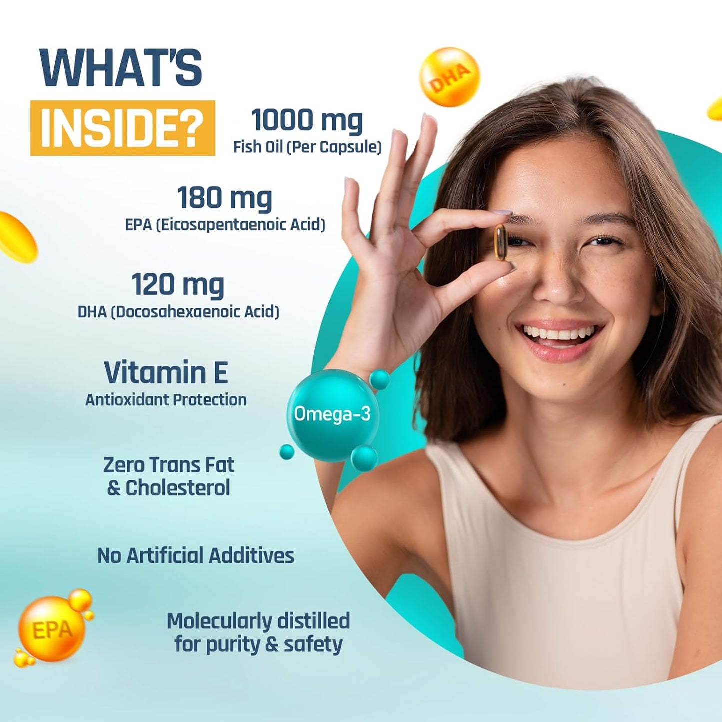 NATURALTEIN Omega 3 Fish Oil – 1000mg per Softgel | 60 Capsules | 180mg EPA & 120mg DHA | With Vitamin E | Premium Triglyceride Form | Supports Heart, Brain & Joint Health | Single Strength Formula