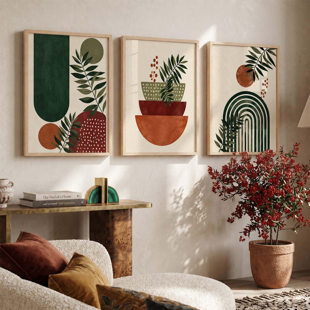Aesthetic BOHO Wall Artwork | BOHO Paintings with Frame for Home Bedroom Living Room Hotel Interior Decor | Digital Reprint Set of 3 Modern | 13X17 Inch