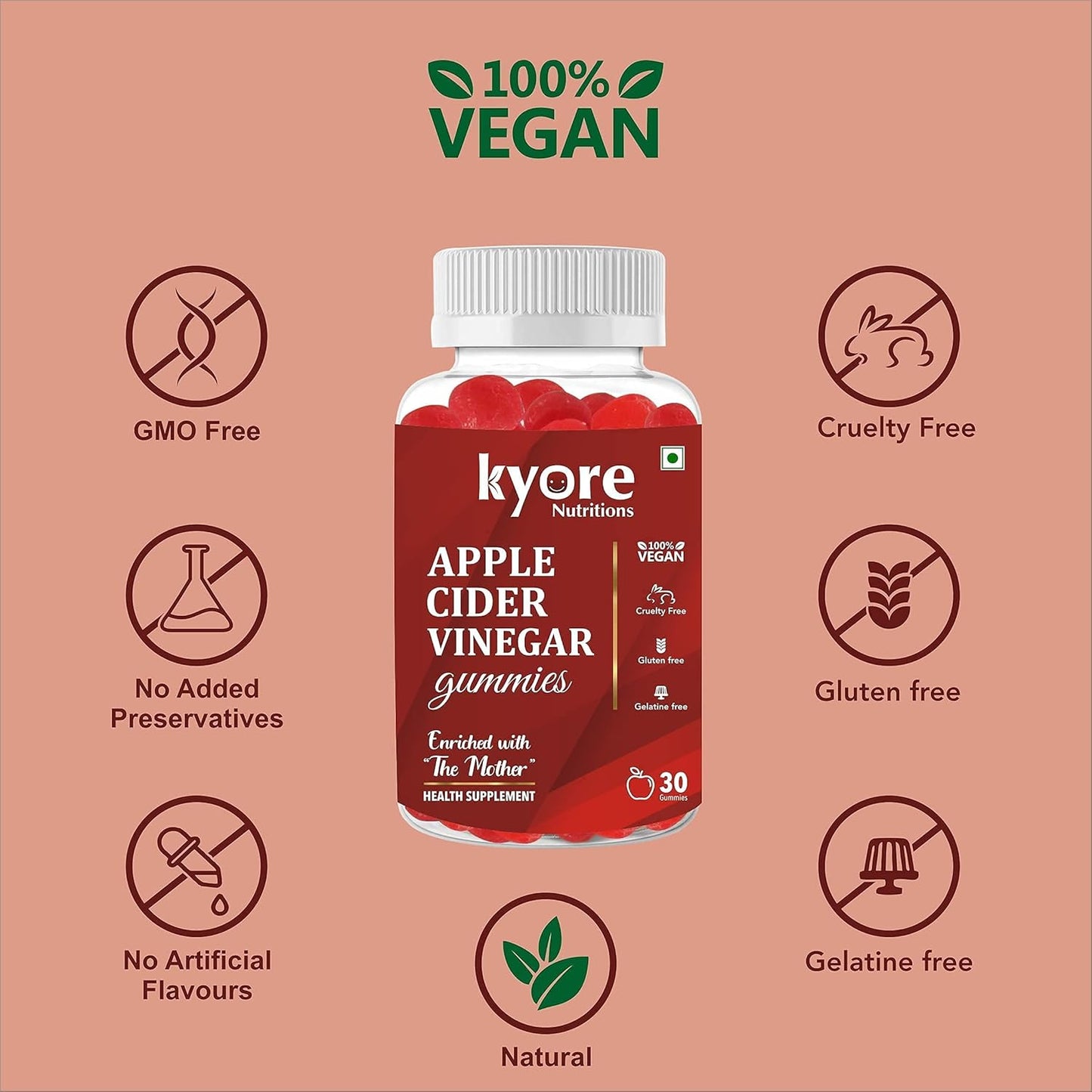 Nutritions ACV Gummies With Mother | Apple Cider Vinegar 30 Vegan Gummies For Women and Men | Formulated For Appetite Control, Improves Digestive and Gut Health