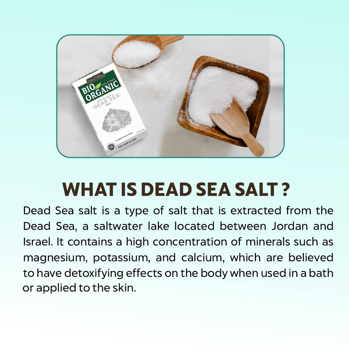 Dead Sea salt with a Bio Organic packaging on a light blue background