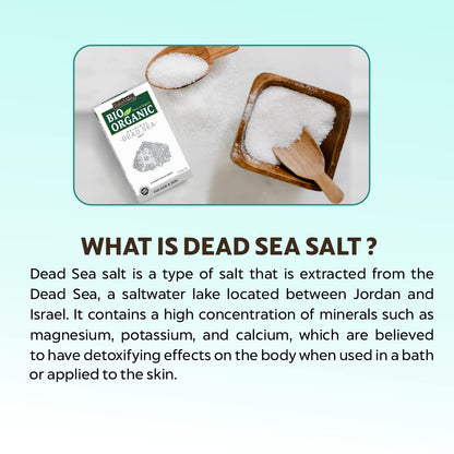 Dead Sea salt with a Bio Organic packaging on a light blue background