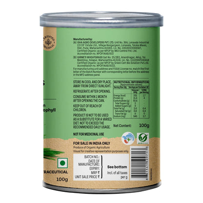 A TATA Product - Organic India Wheat Grass - 100g, Supports Immunity & Boosts Stamina, Rich in Natural Antioxidants, Vitamins & Minerals, For Detox, Overall Well-Being, GMP & NPOP Certified Organic