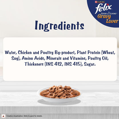 Purina Felix Chicken Gravy Lover, Wet Food for Adult Cats, 70g Pouch | With Chicken in Gravy, Tasty Meaty Chunks, 100% Complete & Balanced Nutrition, Vitamins D & E, Omega 6, Essential Minerals
