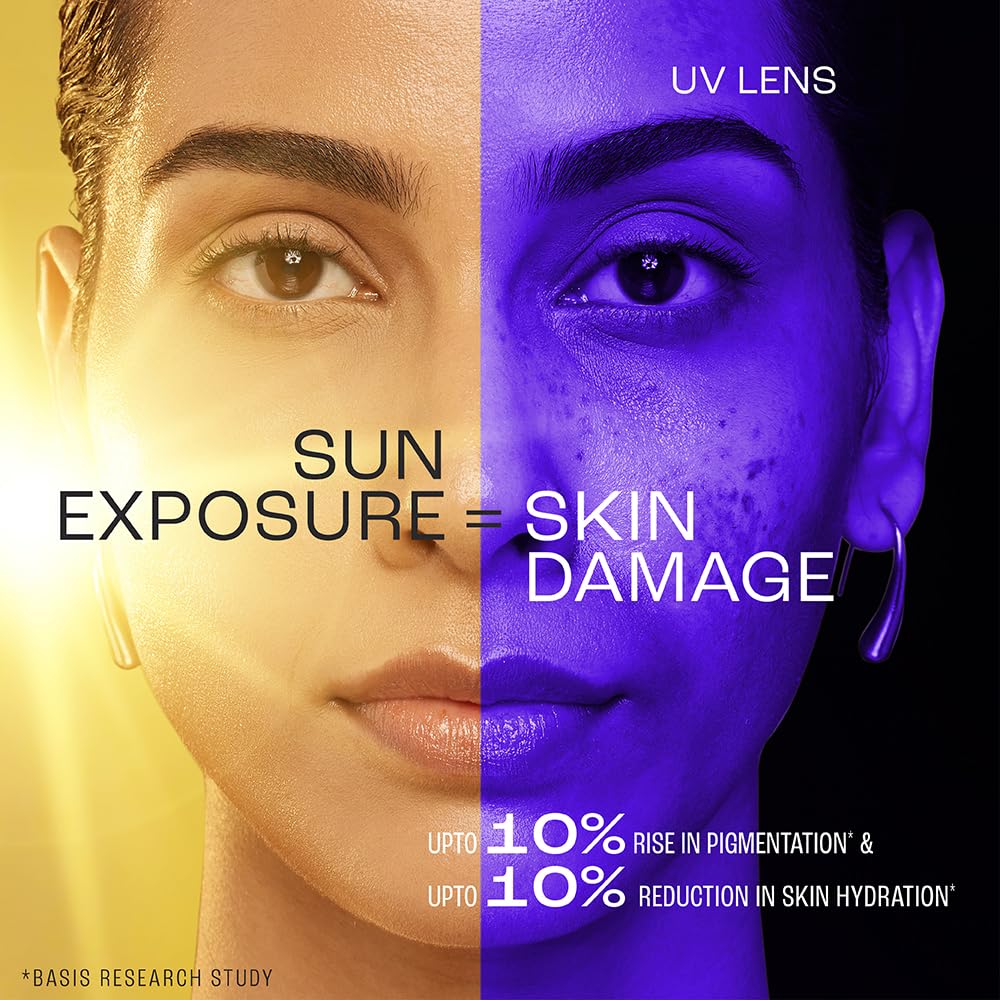 Split-face comparison with sun exposure on one side and UV lens on the other, highlighting skin damage.