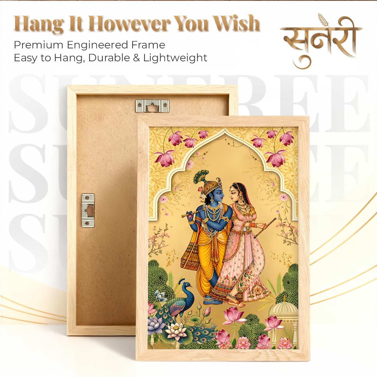 Pichwai Radha Krishna Nandi Cow Gold Wall Art Painting | Set of 2 Framed Paintings | Traditional Indian Decor for Living Room Pooja Room Bedroom | (ART 8, 13x19 INCHES)