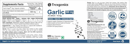Trexenrics Garlic supplement label with various logos and text.