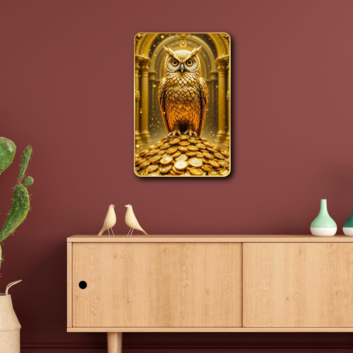 Golden Owl Sitting on Coins | Vastu Painting for Wealth & Prosperity | Golden Decorative Owl Wall Décor for Home & Office (Style-03, 12x18 inch)