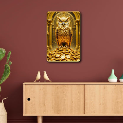 Golden Owl Sitting on Coins | Vastu Painting for Wealth & Prosperity | Golden Decorative Owl Wall Décor for Home & Office (Style-03, 12x18 inch)