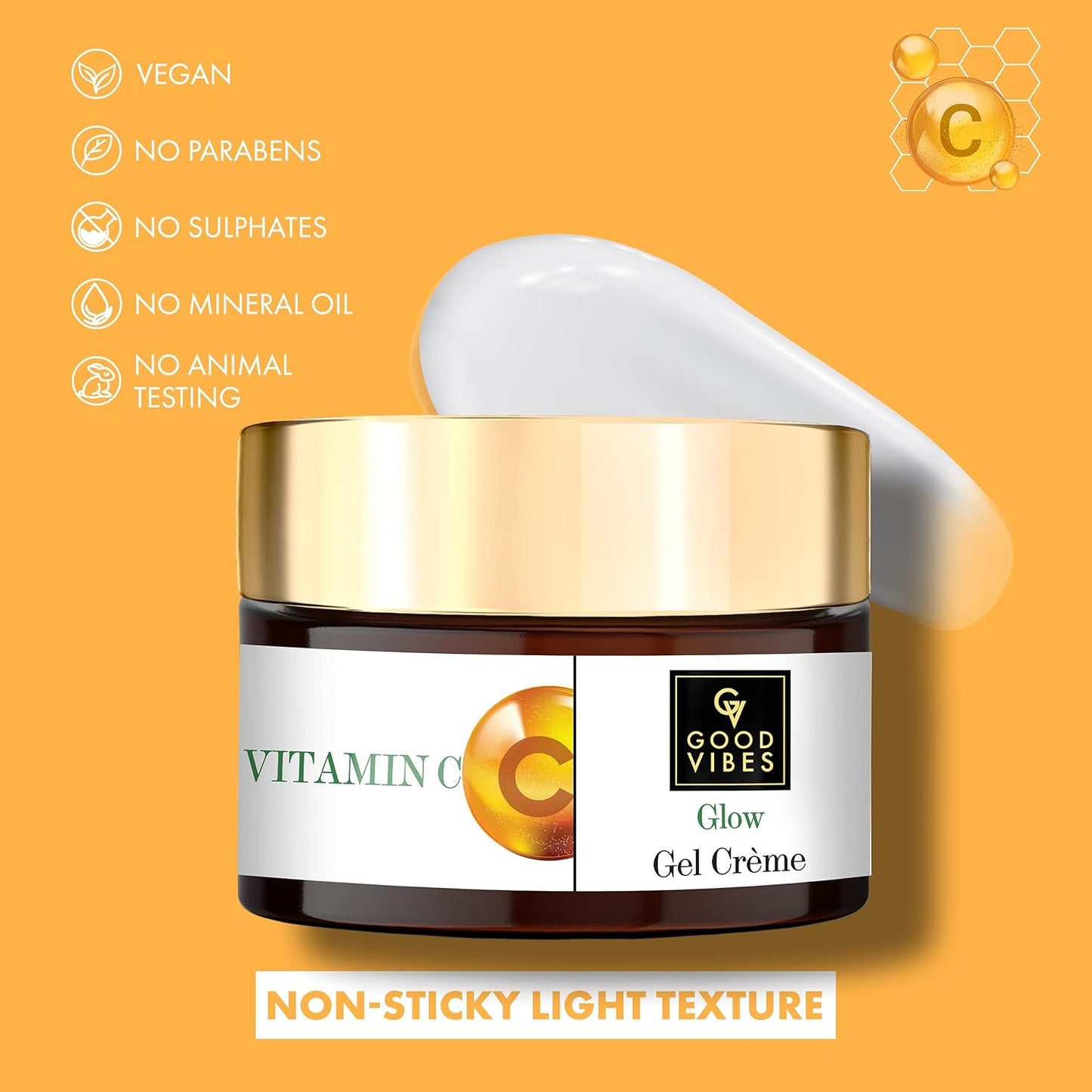 Good Vibes Vitamin C Glow Gel Creme, 50 g Skin Brightening Hydrating Moisturizing Face Cream for All Skin Types, Rich in Antioxidants & Helps Reduce Dark Spots, No Parabens & Sulphates