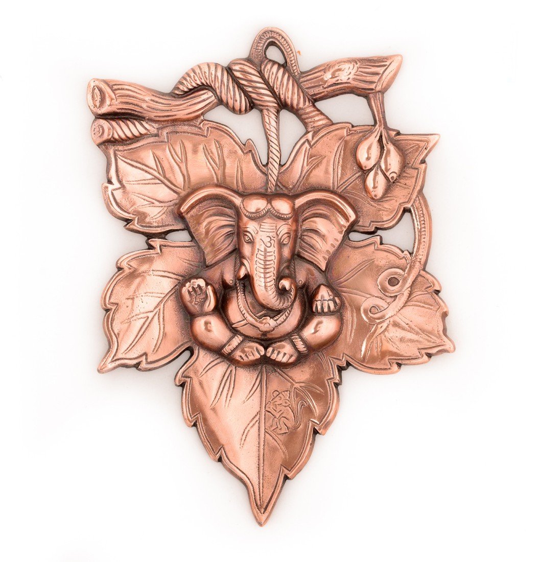 eCraftIndia Lord Ganesha on Creative Leaf Wall Hanging (20 cm x 1.25 cm x 28.75 cm, Brown)
