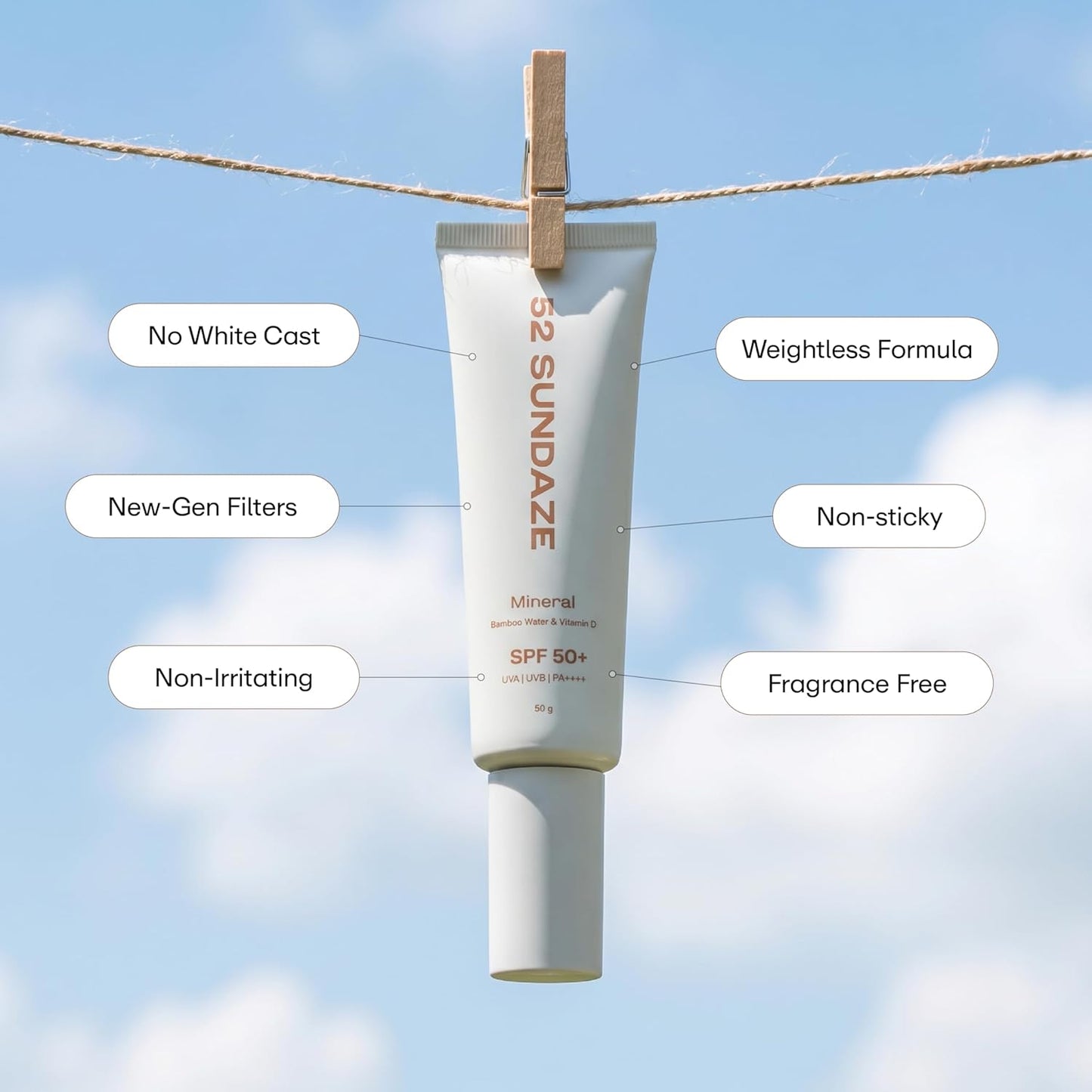 52 Sundaze 100% Mineral Sunscreen SPF 50 PA++++ | For Senitive Skin | No White Cast | In-Vivo Tested | Blue Light & Pollution Protection | No White Cast | Zinc Oxide & Iron Oxide | Fragrance Free | 50g