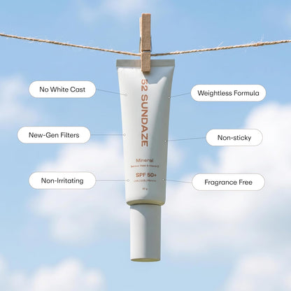52 Sundaze 100% Mineral Sunscreen SPF 50 PA++++ | For Senitive Skin | No White Cast | In-Vivo Tested | Blue Light & Pollution Protection | No White Cast | Zinc Oxide & Iron Oxide | Fragrance Free | 50g
