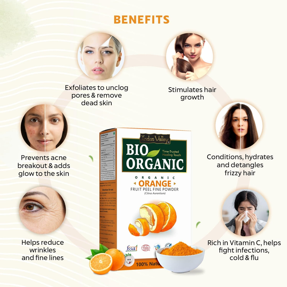 Bio Organic fruit peel fine powder packaging with benefits listed on a white background