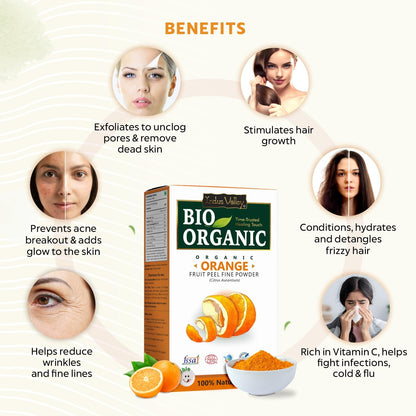 Bio Organic fruit peel fine powder packaging with benefits listed on a white background