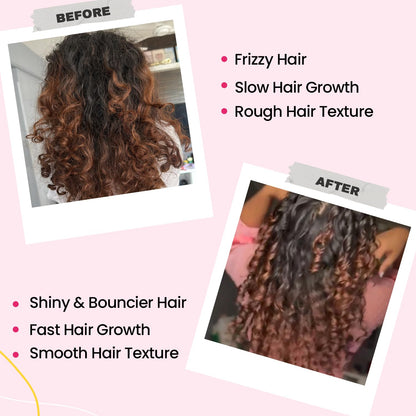 Before and after comparison of hair transformation with text highlighting changes.