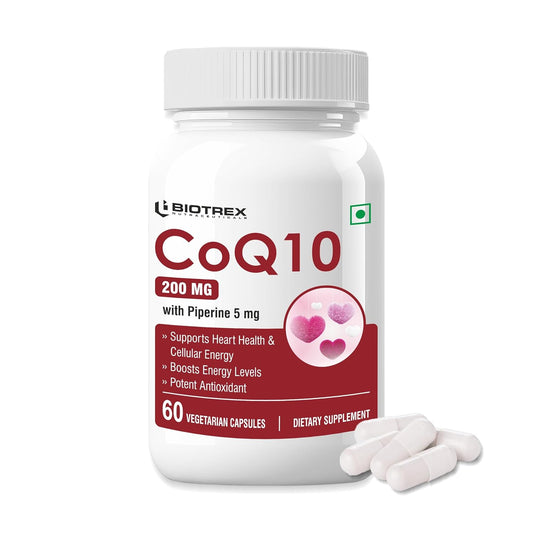 Biotrex Nutraceuticals High Bioavailabilty Coq10 200mg With 95% Purity Piperine 5mg (Coenzyme Q10) - 60 Vegetarian Capsules