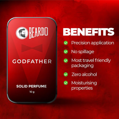 Beardo Godfather solid perfume packaging with benefits listed on a red background
