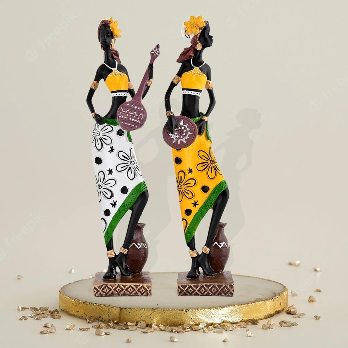 Resin African Girl with Musical Instruments|Captivating Home Décor (Pack of 2, Yellow & Black- Model 2, Large)